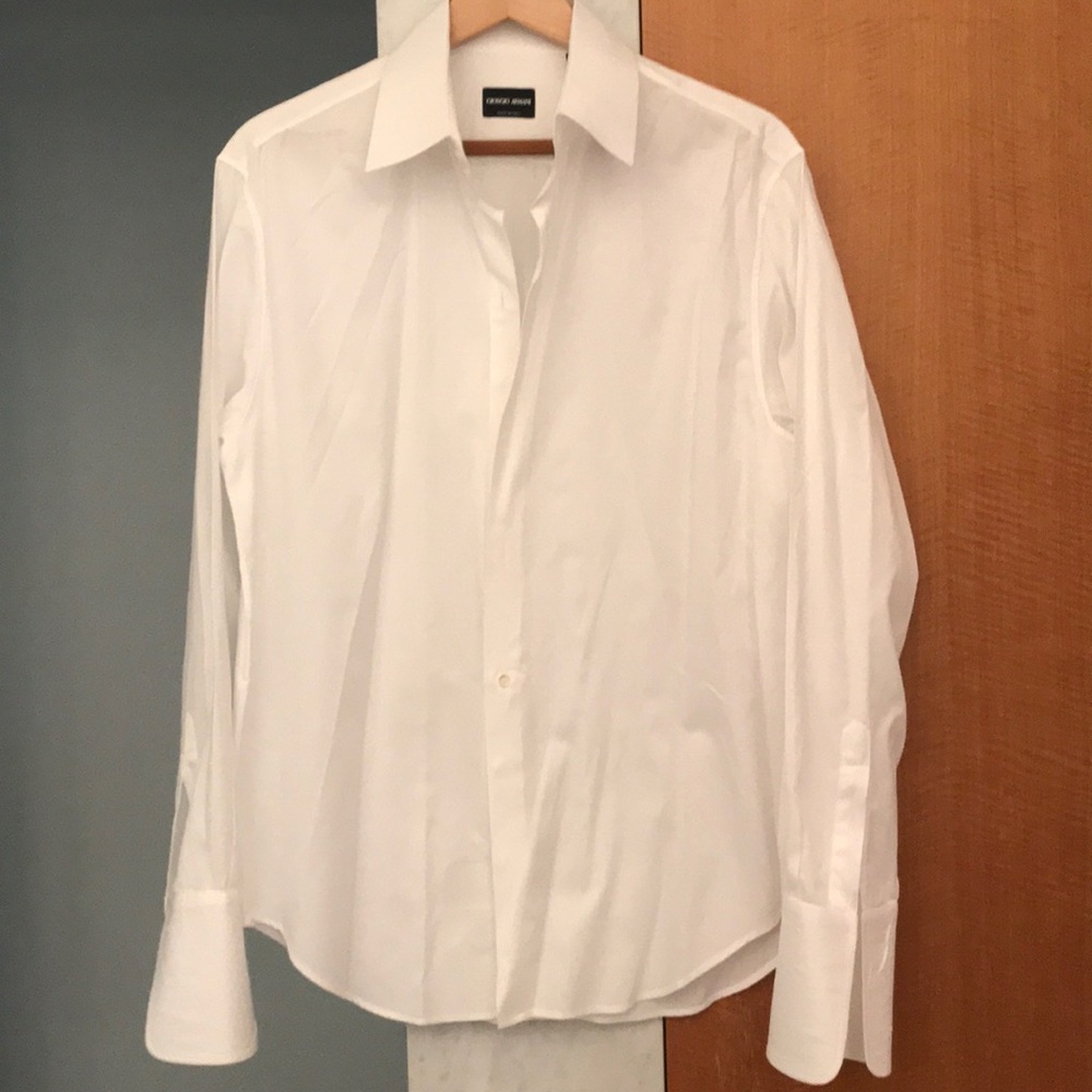 Armani Men’s white tuxedo shirt.